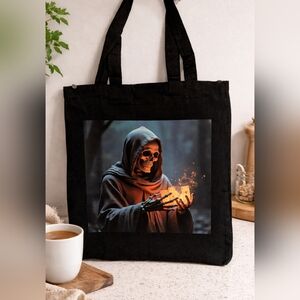 Hand Crafted Black Tote Bag with Hooded Skeleton Graphic